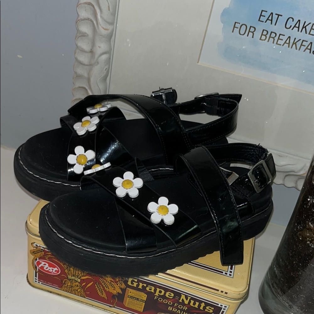 Black Kids Sandals with Daisy Accents